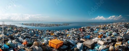 A panoramic view of a massive waste site, showcasing a landscape littered with colorful plastic bags and debris against a backdrop of water and blue skies.