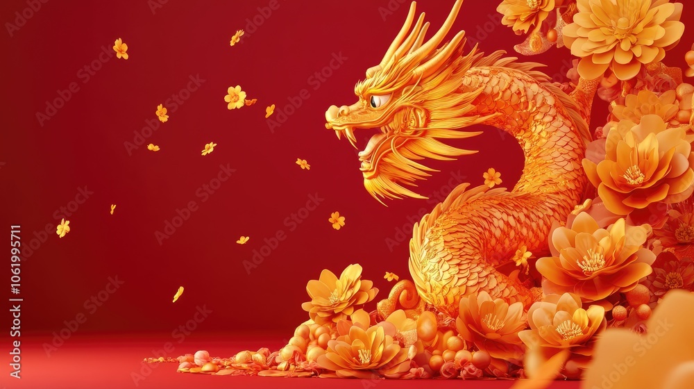 Fototapeta premium Intricate Golden Dragon Surrounded by Vibrant Flowers