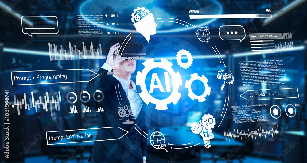 Smart project manager pointing at AI chat hologram and wearing headset at modern office. Professional businessman working on augmented reality goggles with blurring background. Technology. Ingenuity. Smart project manager pointing at AI chat hologram and wearing headset at modern office. Professional businessman working on augmented reality goggles with blurring background. Technology. Ingenuity.