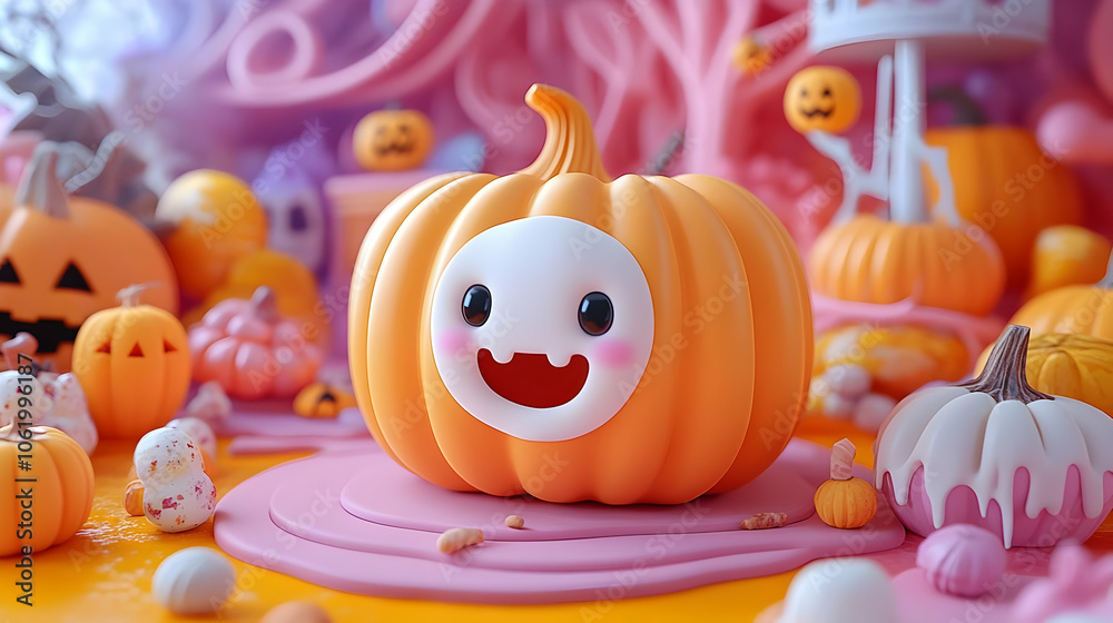 Cute 3D Pumpkin Illustration with Happy Face Cute 3D Pumpkin Illustration with Happy Face