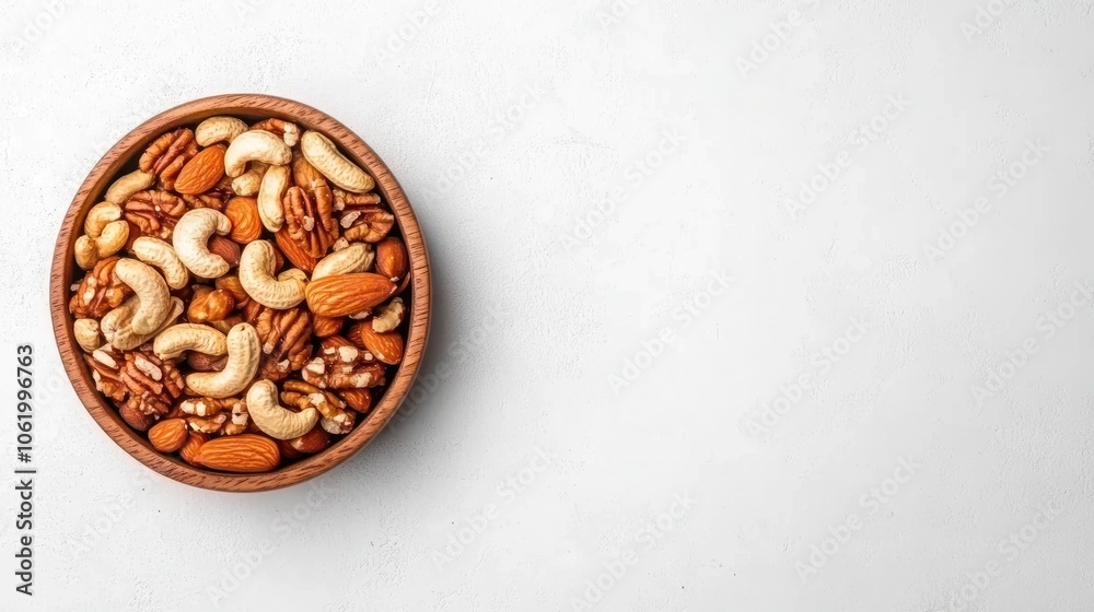 A wooden bowl filled with a variety of mixed nuts on a light background.