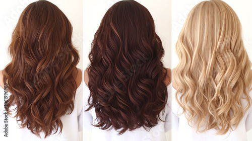 Beautiful long wavy hair in three different colors: brown, dark brown, and blonde. Perfect for haircare or hairstyle inspiration on a white background.