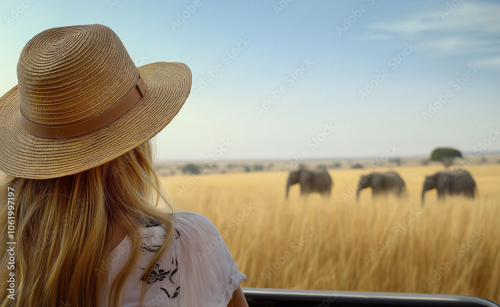 Obraz premium A woman in a hat enjoying a safari view, watching elephants in the African savanna at sunset.