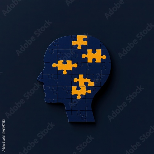 Minimalistic Head Silhouette with Yellow Puzzle Pieces on Blue Background