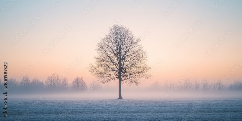 Fototapeta premium Lone tree in a misty field at sunrise, casting a serene silhouette against the gentle morning light and soft fog.