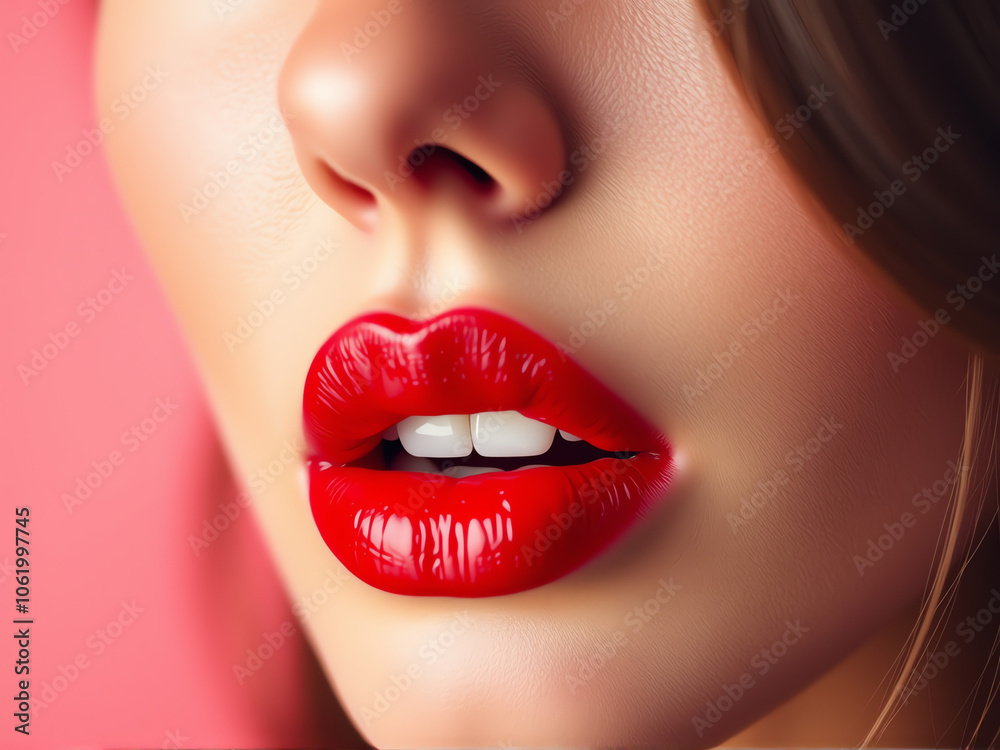 Fototapeta premium beautiful woman with striking red lips accentuated by vibrant red lipstick, exuding confidence and elegance