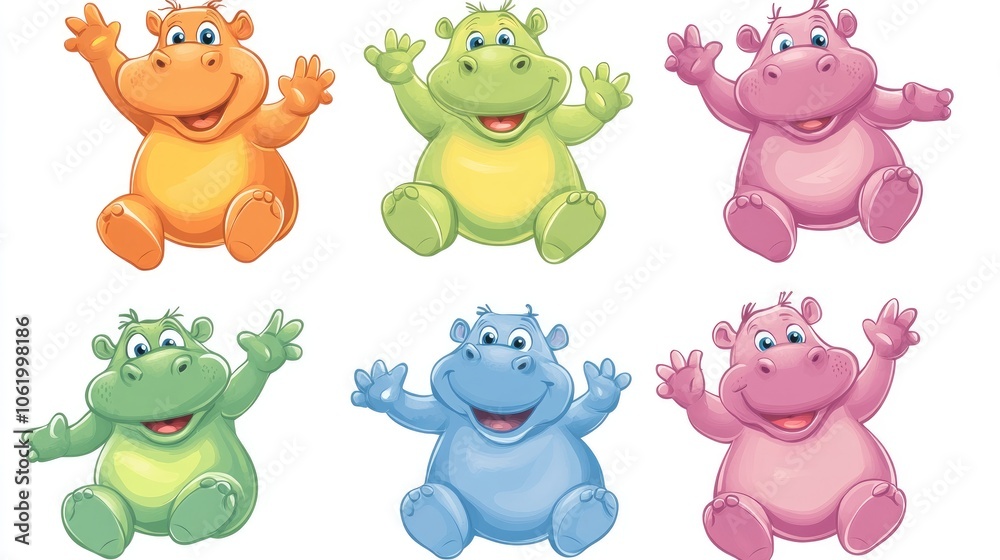 Naklejka premium Cute Cartoon Hippos in Cheerful Colors