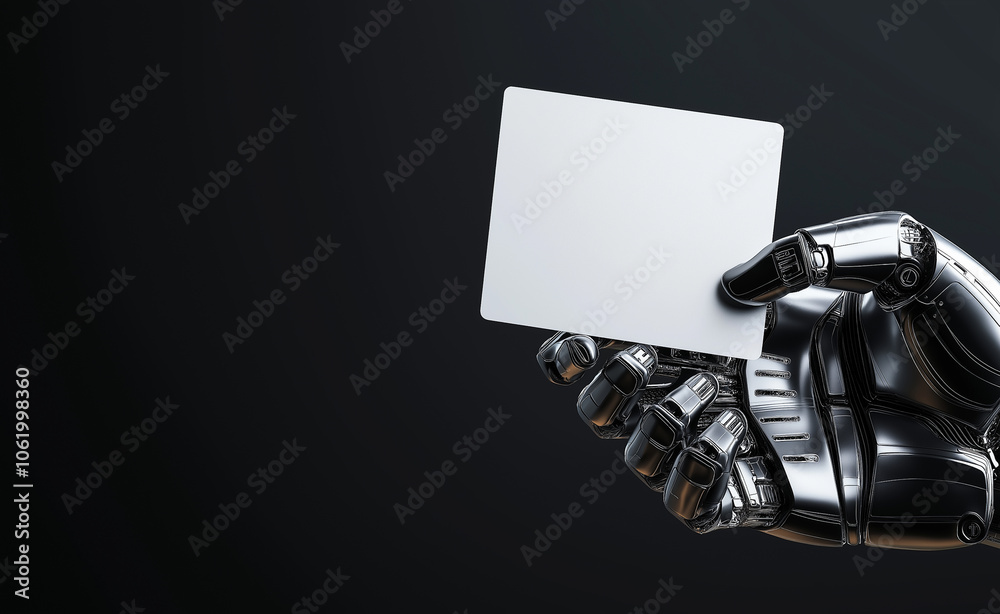 A robotic hand holding a blank white business card against a dark background, symbolizing technology in business. A robotic hand holding a blank white business card against a dark background, symbolizing technology in business.