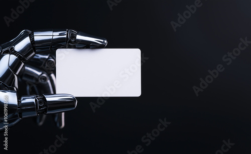 A robotic hand holding a blank white business card against a dark background, symbolizing technology in business.