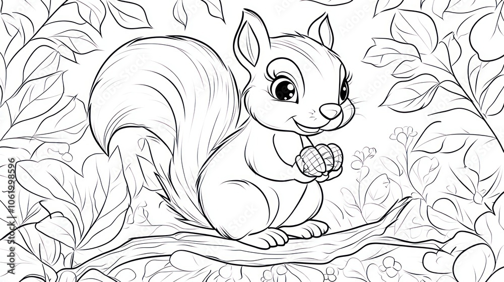 Cartoon Squirrel Holding Nuts in a Forest Setting. Coloring book illustration. Cartoon Squirrel Holding Nuts in a Forest Setting. Coloring book illustration.