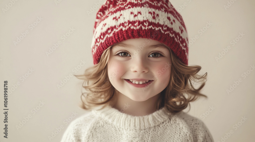 Happy Little Girl in Red Knit Hat and White Sweater