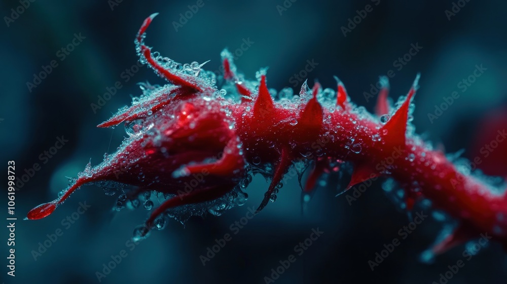 Close-up of a Red Spiky Plant Covered in Dew Drops Close-up of a Red Spiky Plant Covered in Dew Drops