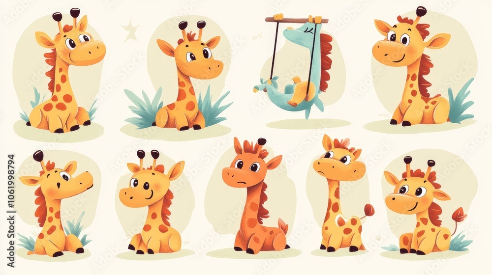 Fototapeta premium Playful Cartoon Giraffes in Fun Poses