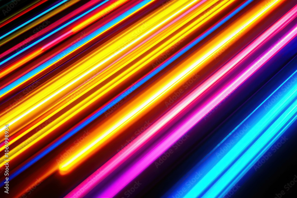 Neon Light Streaks: A mesmerizing display of vibrant, neon-colored lines streaks across a dark background. The lines are arranged in a dynamic diagonal pattern. Neon Light Streaks: A mesmerizing display of vibrant, neon-colored lines streaks across a dark background. The lines are arranged in a dynamic diagonal pattern.