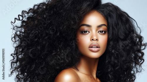 Close-up of a woman with voluminous, curly black hair and flawless skin, exuding confidence and beauty against a soft, neutral background.