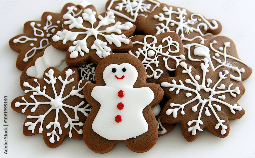 A gingerbread man cookie with white icing and red buttons sits among other gingerbread cookies shaped like snowflakes A gingerbread man cookie with white icing and red buttons sits among other gingerbread cookies shaped like snowflakes