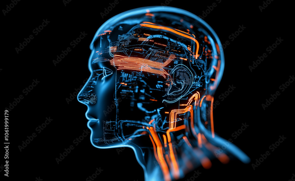 Obraz premium Profile of a digital human face with glowing blue and orange circuitry, symbolizing artificial intelligence.