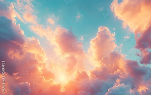 Majestic heavenly sky filled with glowing rays, illustrating the concept of transcendence and the sacred connection between spirit and soul photo