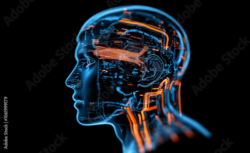 Profile of a digital human face with glowing blue and orange circuitry, symbolizing artificial intelligence.