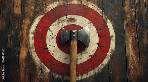 Axe throwing target with axe in center on bullseye 