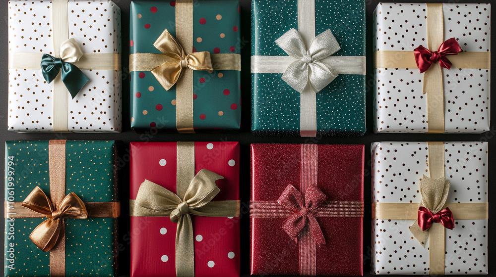 Gift Boxes with Polka Dot Wrapping Paper and Bows for Holidays and Celebrations Gift Boxes with Polka Dot Wrapping Paper and Bows for Holidays and Celebrations