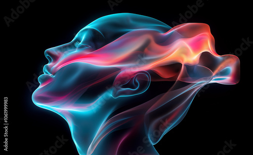 Digital illustration of a human face with vibrant, flowing neon lines symbolizing artificial intelligence and neural connections.