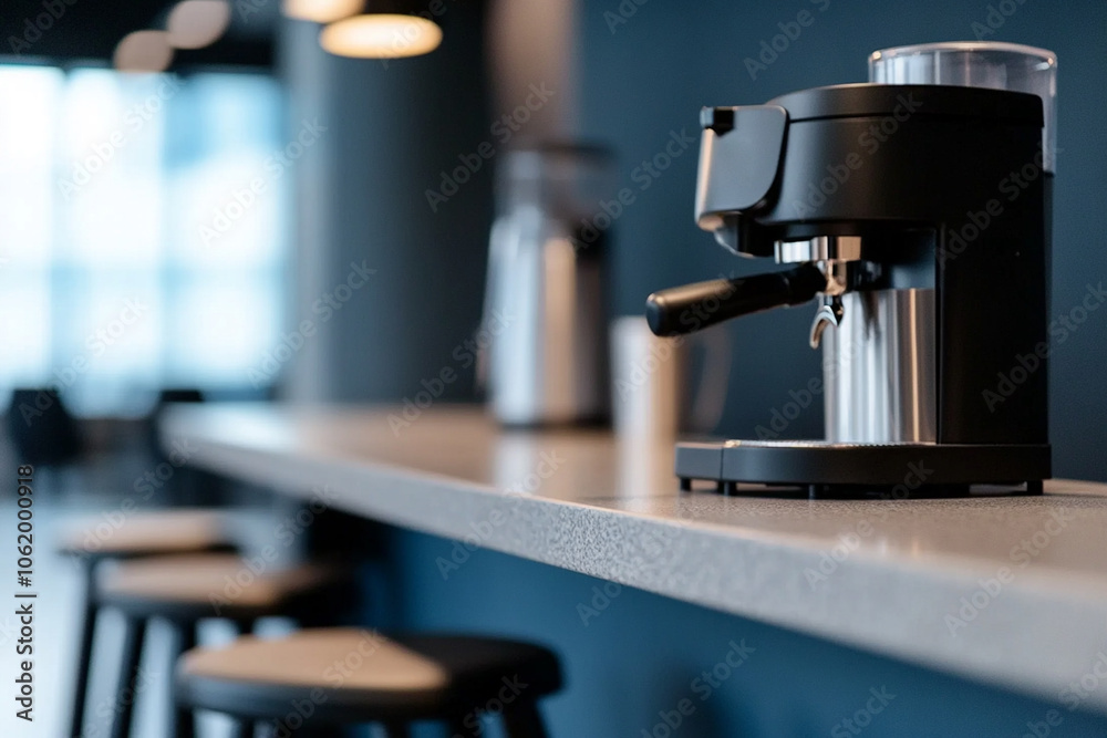 Modern office break room, with sleek countertops, a coffee machine, and stools. Modern office break room, with sleek countertops, a coffee machine, and stools.