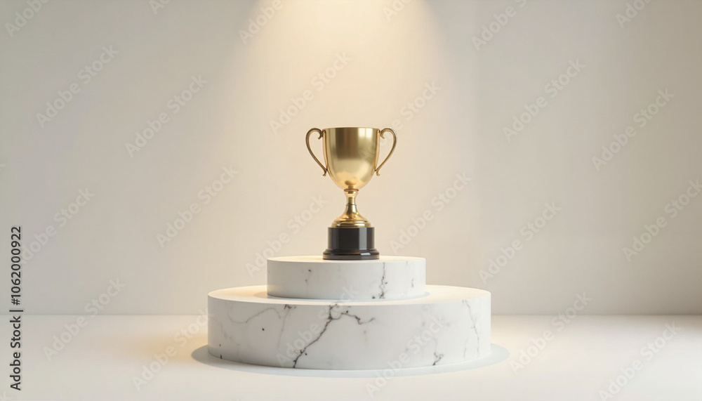 Gold trophy on a marble pedestal with soft spotlight and minimalistic design