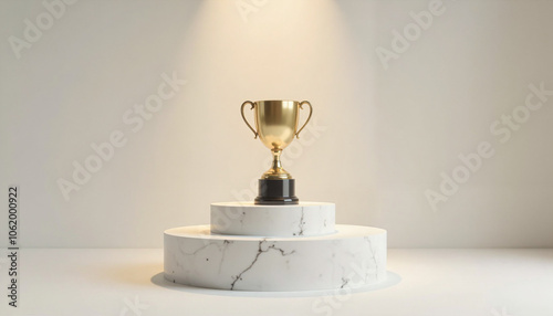 Obraz na płótnie Gold trophy on a marble pedestal with soft spotlight and minimalistic design
w salonie