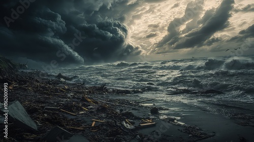 A coastline battered by a powerful hurricane, with towering waves and debris scattered across the shore. 