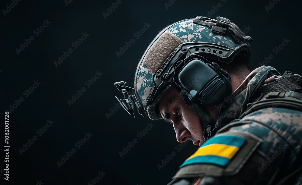 Side profile of a Ukrainian soldier in uniform with a Ukrainian flag patch, reflecting in deep thought. Side profile of a Ukrainian soldier in uniform with a Ukrainian flag patch, reflecting in deep thought.