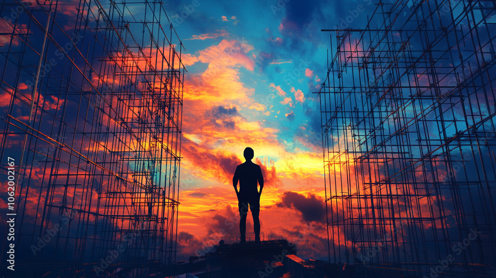 Silhouette of a Man Standing on Construction Scaffolding at Sunset Silhouette of a Man Standing on Construction Scaffolding at Sunset