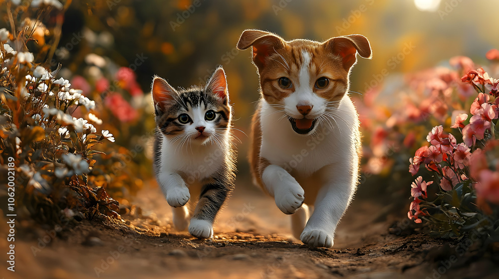 Cute Cat and Dog Running Through Flowers - Photo Cute Cat and Dog Running Through Flowers - Photo