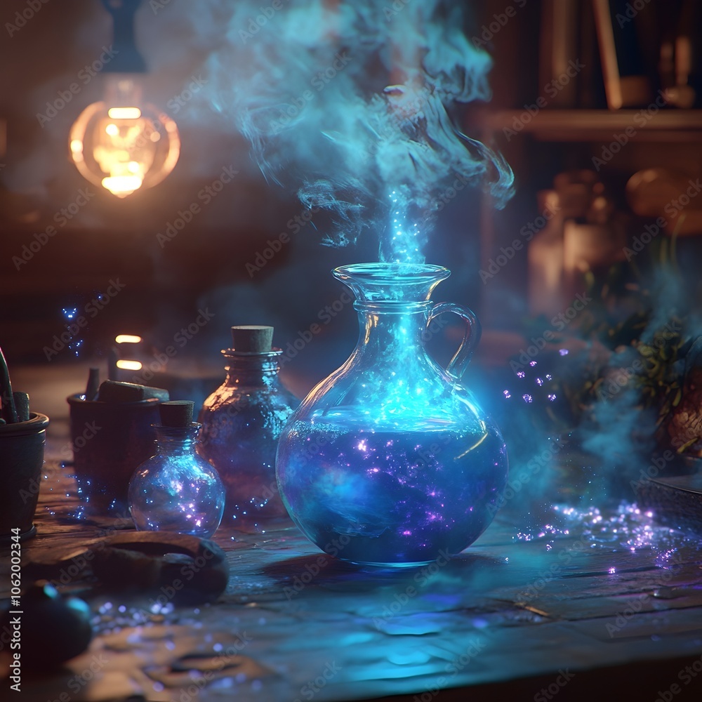 Mystical Still Life with Glowing Elixir,Crystal,and Smoke in Antique Glassware Mystical Still Life with Glowing Elixir,Crystal,and Smoke in Antique Glassware