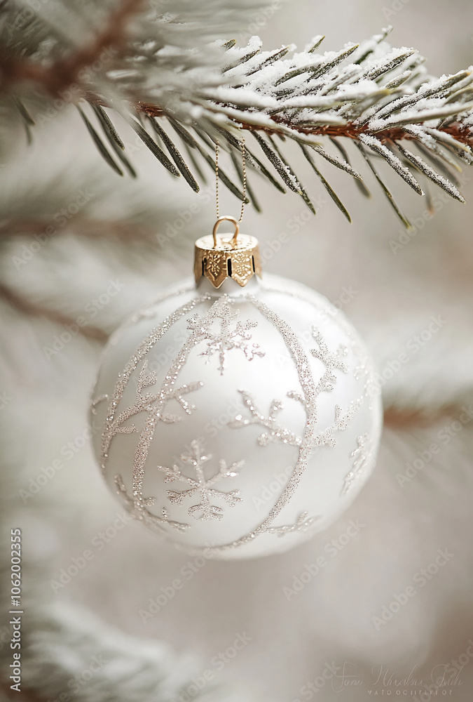 A white Christmas ornament with snowflake and branch designs hangs from a snow-covered pine branch, creating a festive winter scene A white Christmas ornament with snowflake and branch designs hangs from a snow-covered pine branch, creating a festive winter scene