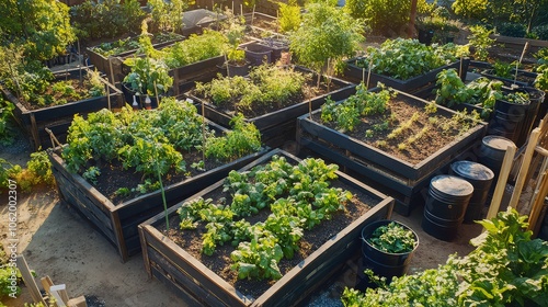 A community garden featuring raised beds made from reclaimed wood, composting systems for food scraps, and rainwater collection barrels for irrigation. 