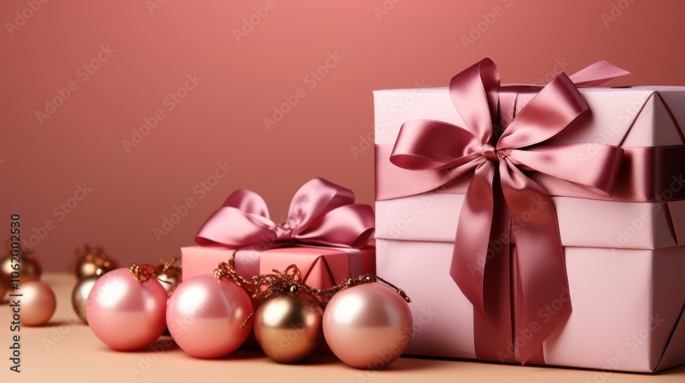 Elegant Pink Gift Boxes Decorated with Satin Ribbon and Ornamented with Delicate Pink and Gold Baubles Elegant Pink Gift Boxes Decorated with Satin Ribbon and Ornamented with Delicate Pink and Gold Baubles