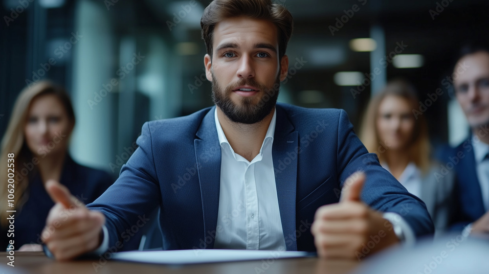 Confident young presenter delivering a pitch to a group of attentive investors Confident young presenter delivering a pitch to a group of attentive investors