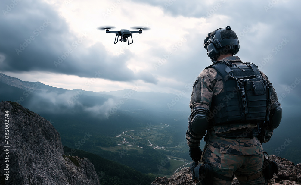 Soldier wearing VR goggles and headphones controls a flying drone while other soldiers operate in the background, highlighting military technology and training. Soldier wearing VR goggles and headphones controls a flying drone while other soldiers operate in the background, highlighting military technology and training.