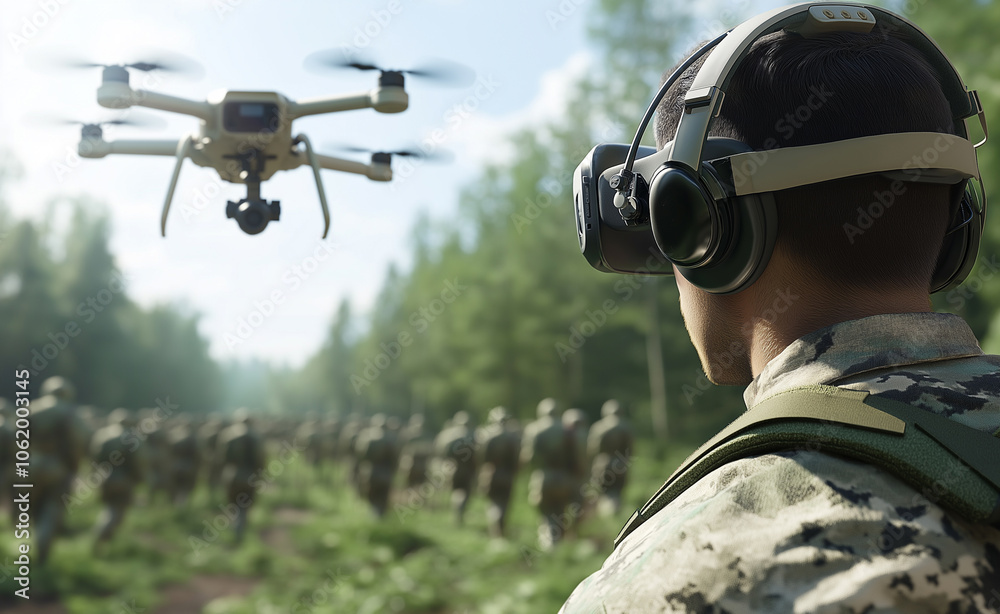 Soldier wearing VR goggles and headphones controls a flying drone while other soldiers operate in the background, highlighting military technology and training.