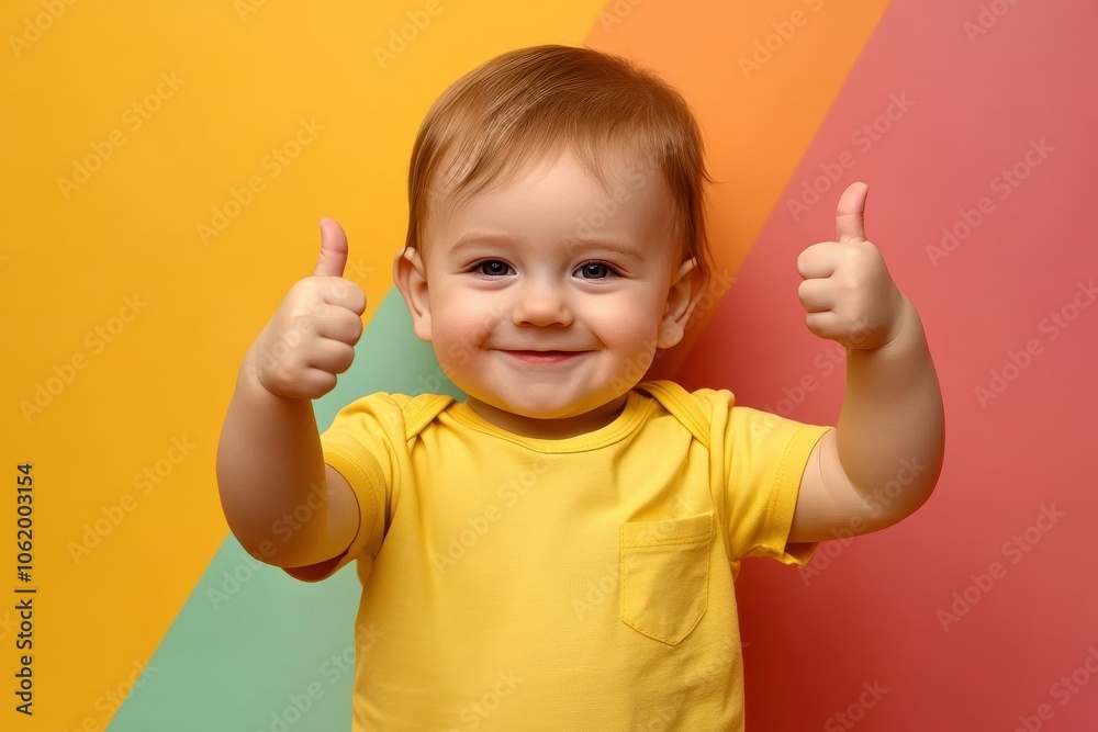 Smiling toddler in yellow t-shirt showing thumbs-up on colorful background