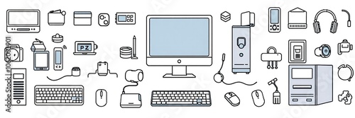 Various computer hardware icons including monitor, keyboard, mouse, CPU, and headphones, internet, input