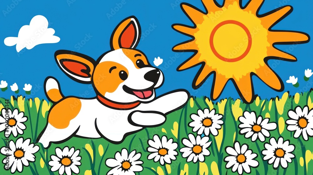 A Happy Dog Running in a Field of Daisies under the Sun. Coloring book illustration. A Happy Dog Running in a Field of Daisies under the Sun. Coloring book illustration.
