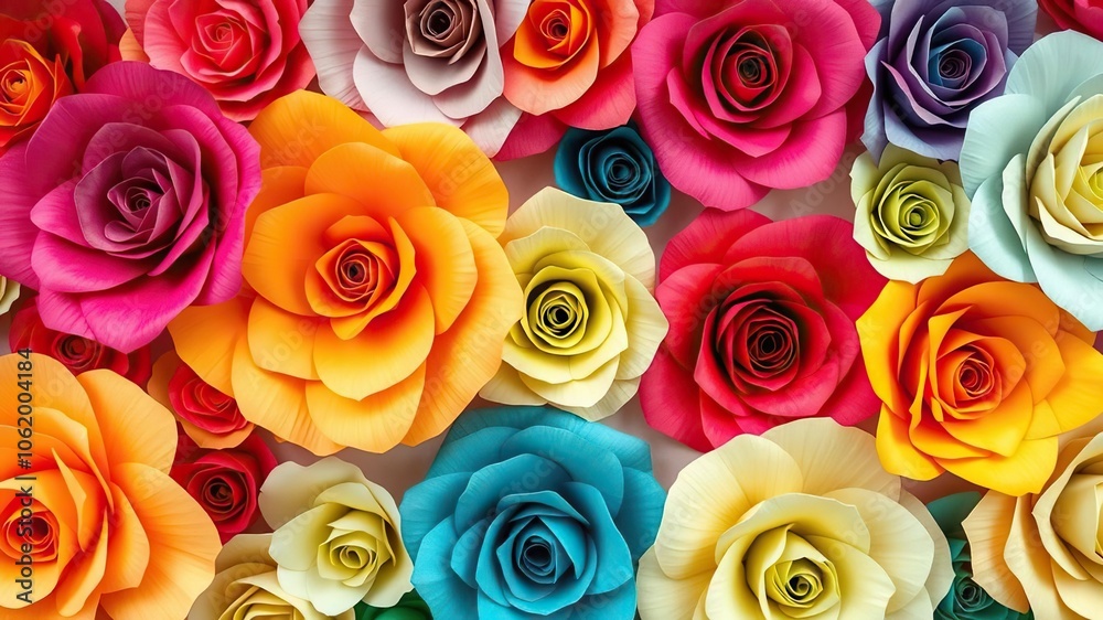 Vibrant and eye-catching backdrop of colorful paper roses, beauty, art Vibrant and eye-catching backdrop of colorful paper roses, beauty, art