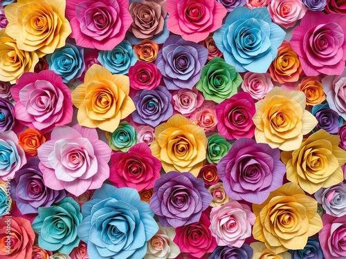 Vibrant backdrop made of colorful paper roses in various shades and sizes, art, design