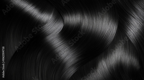 Close-up of shiny, black hair texture showcasing graceful waves and smooth strands against a dark background.