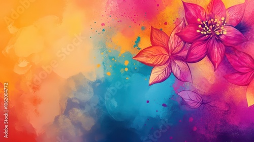 Vibrant Holi festival colors and flowers background for celebration and design. Horizontal banner. Copy space. Festival of colors, love, and spring. Multicolored background. Holiday template photo