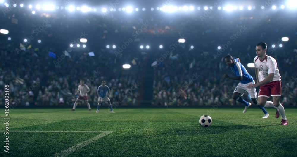 Football player is dribbling the ball down the field and kicks the ball towards the goal while other players trying to interfere. Professional stadium with animated crowd.