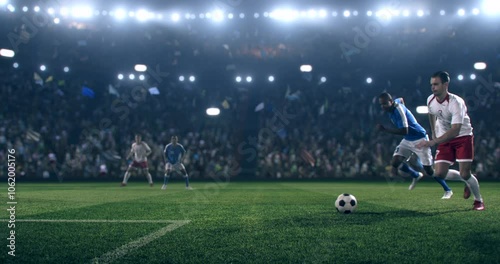 Football player is dribbling the ball down the field and kicks the ball towards the goal while other players trying to interfere. Professional stadium with animated crowd.