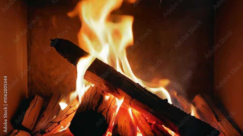 Close-up of a burning log fire with glowing embers and flames. 4k Video footage